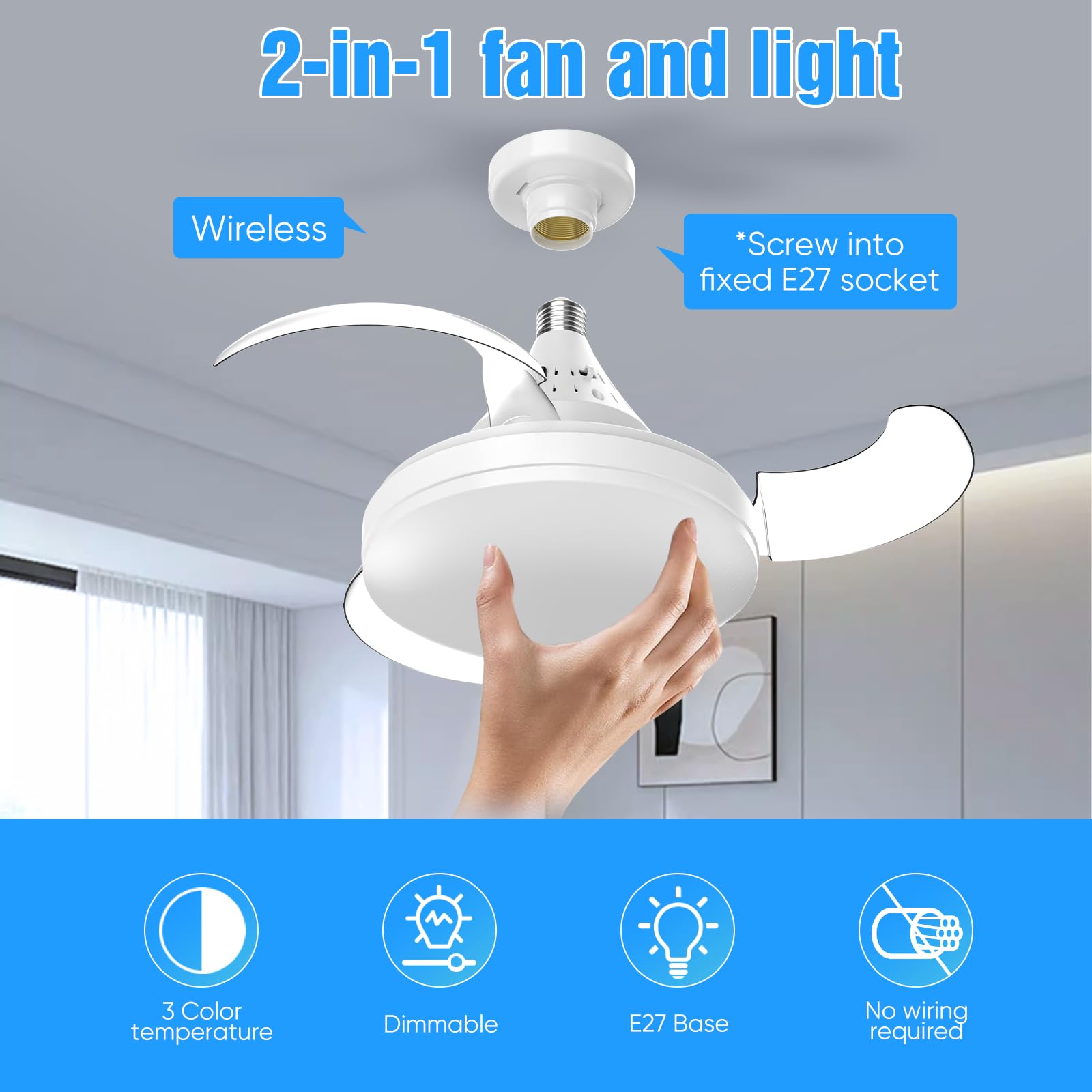 40cm Ventilador de Techo con Luz LED Regulable 30W Enchufe E27, Aspas Invisibles con Control Remoto, 4 Velocidades Ajustables 3 Temperaturas de Color 2400lm, para Dormitorio Salón Cocina Pasillo (A)