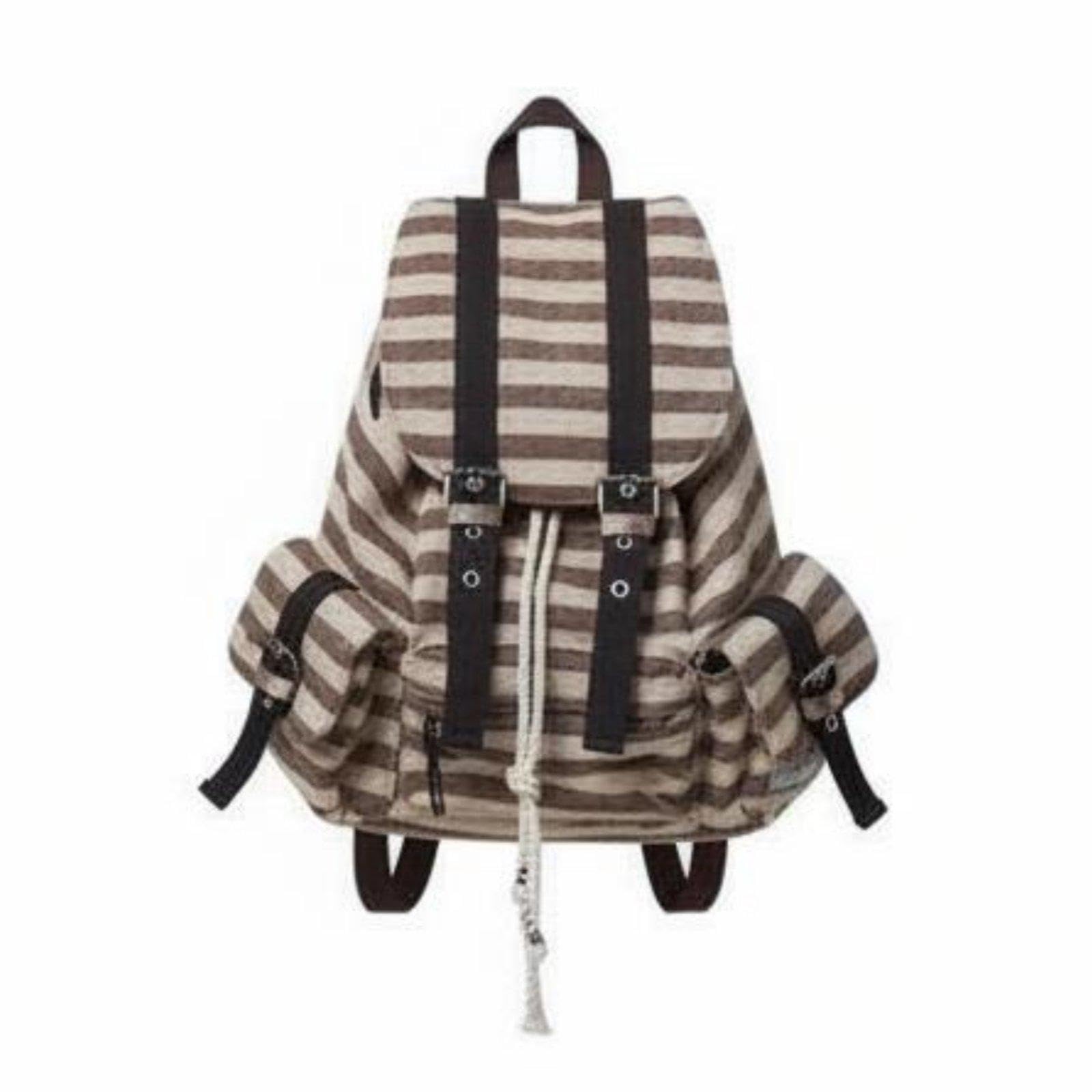 PEXORVA® Striped Backpack Large Capacity Canvas Stripe Backpack Functional Design Vintage Design Daypack for Women, Students, Casual Outings, University Off-White-picture-36