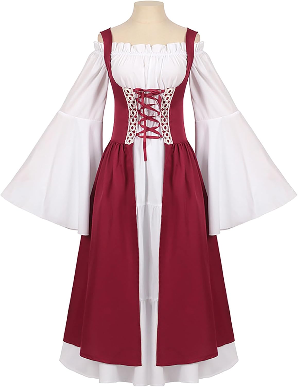 Womens Medieval Over Dress Retro Off Shoulder Renaissance Corset Dress Bell Sleeve Peasant Dress Vintage Ball Gown