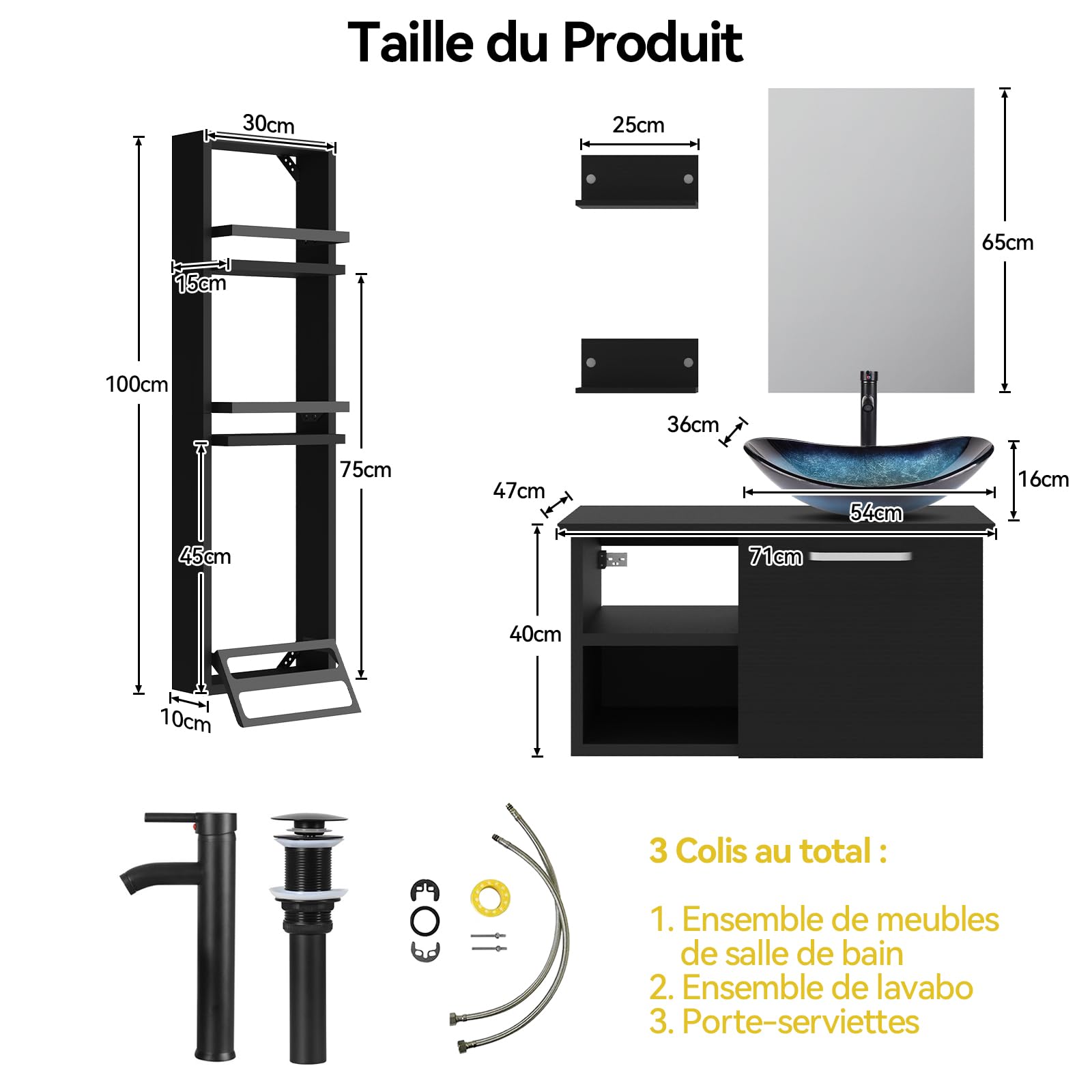 YU YUSING Ensemble de Meubles de Salle de Bain avec Lavabo Miroir et Porte-Serviette, 3 Étagères Murale, Armoire Meuble de Rangement, Vasque à Poser, Ensemble de Robinets (Ovale Bleu)