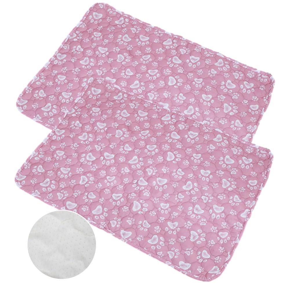 Mateju 2 Pieces Reusable Pee Pads for Dogs, Washable Puppy Training Pad Pets Dogs Cats Non-Slip Mat Super Absorbent Leak Proof Food Bowl Mats for Travel Training Pad Indoor (30x40CM,Pink Paws)