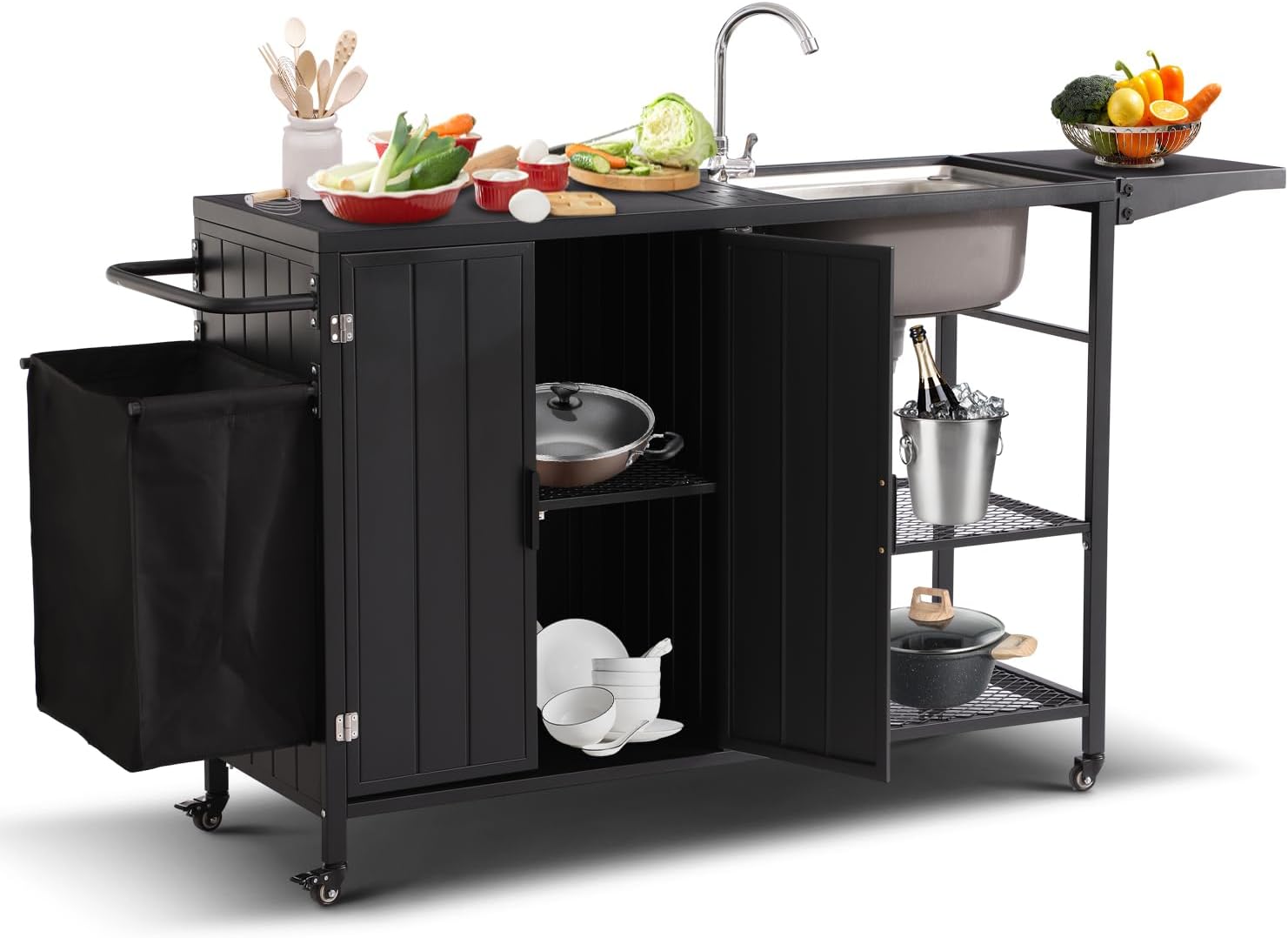 Outdoor Grill Cart with Sink, Metal Grill Table with Trash Can for Parties and Home Gatherings, Waterproof Patio Kitchen Island with Rolling Prep Station & Storage Cabinet for BBQ Backyard or Garden