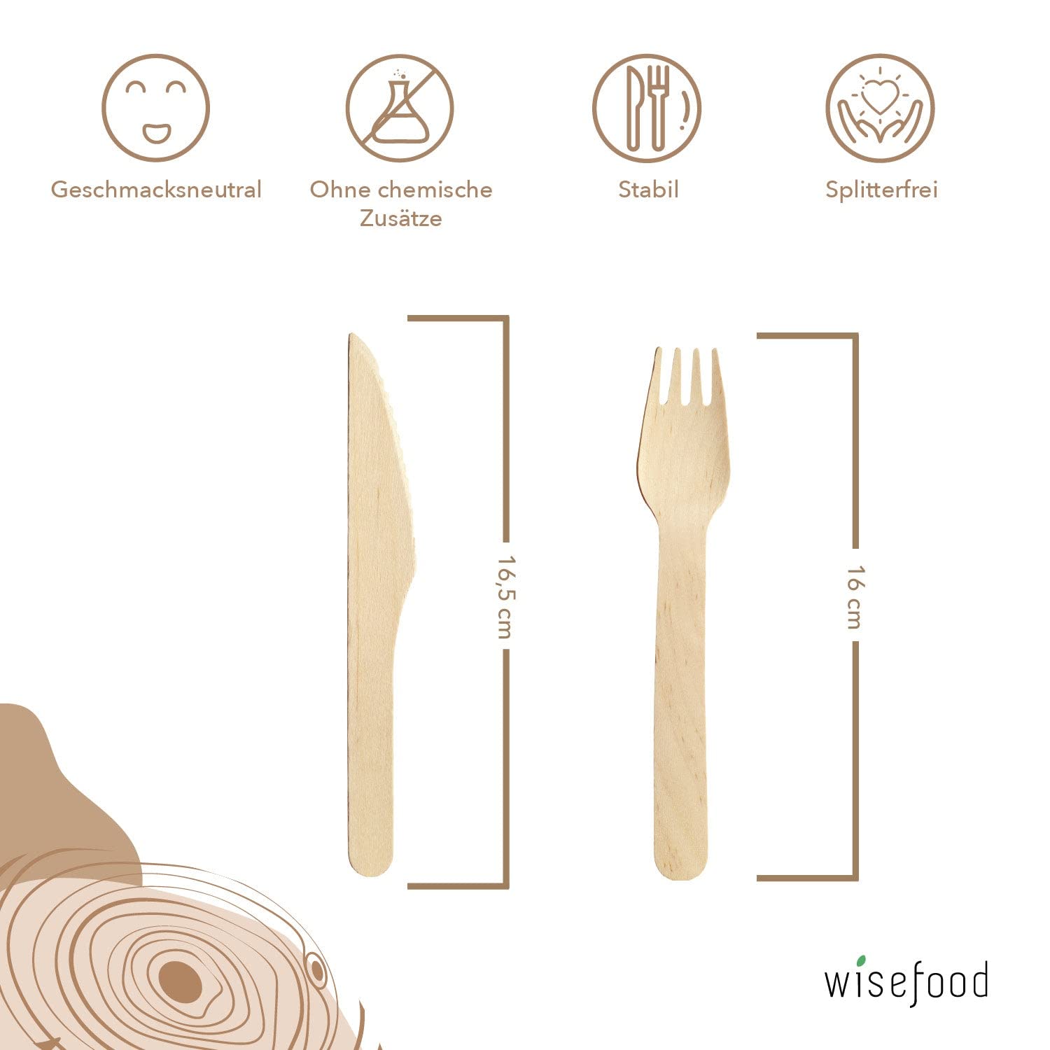Wisefood Set di posate monouso in legno di betulla – 200 Sest – 10 forchette in legno, 10 coltelli in legno 16,5 cm – 20 posate monouso 16 cm – posate da festa biodegradabili in legno
