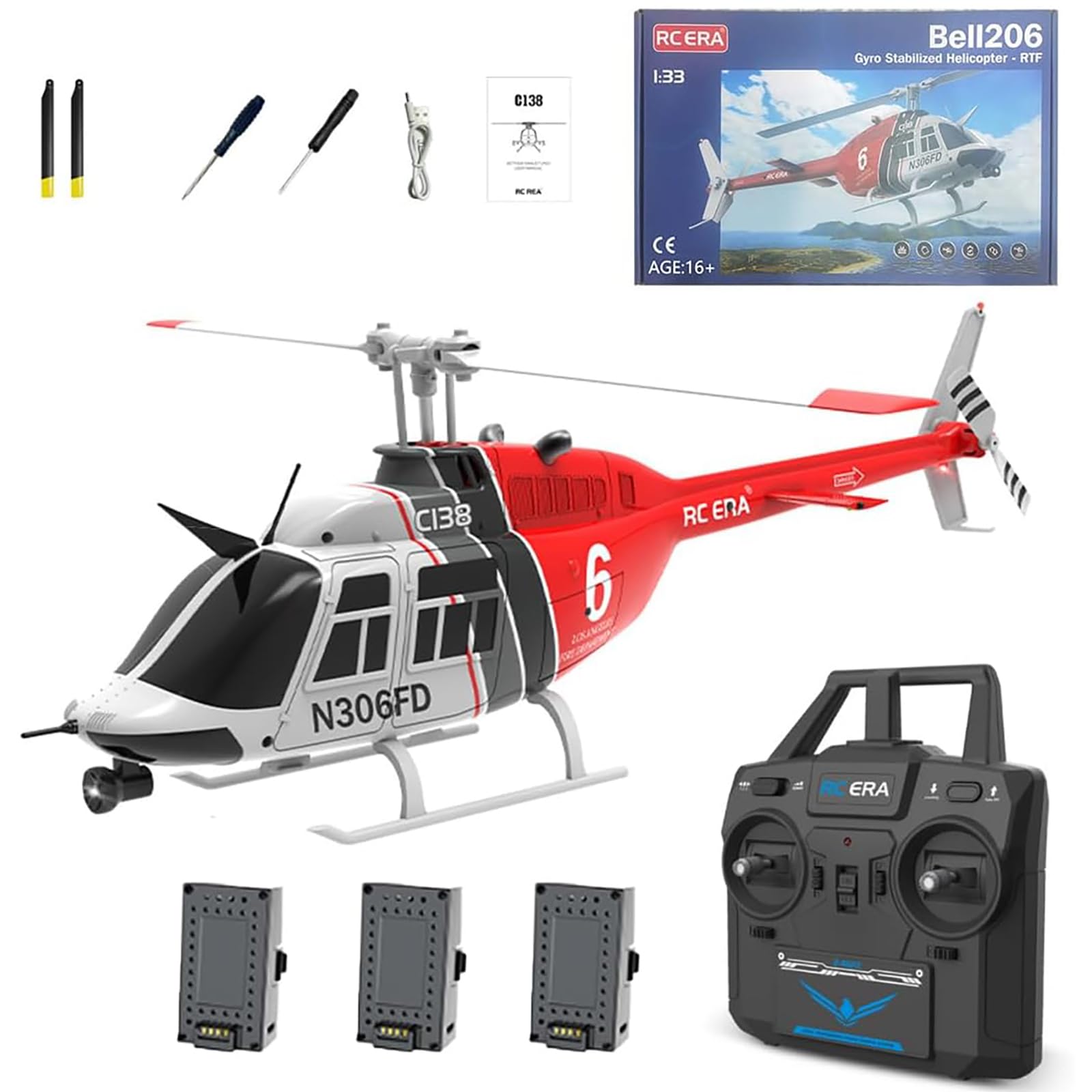 Helikopter RC C138, zdalnie sterowany model śmigłowca w skali 1/30 2.4G 6CH bez lotek, 6-osiowy żyroskop RC z optycznym pozycjonowaniem przepływu,Red,3 Battery