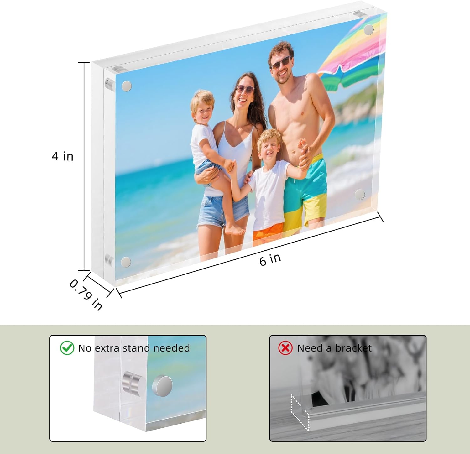 4×6 Acrylic Picture Frames 3 Pack, 20% Thicker 20mm Clear Lucite Frameless Block, Double-Sided Freestanding Magnetic Photo Display, UV-Resistant Transparent Desktop Frame for Home, Office and Gifts