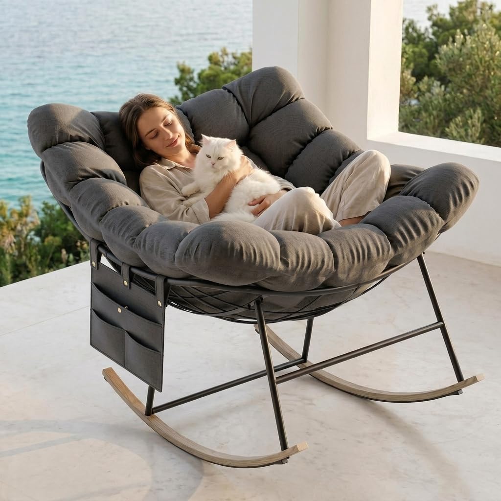 Fauteuil a Bascule Grand Extérieur avec Poche Latérale pour Salon, Jardin