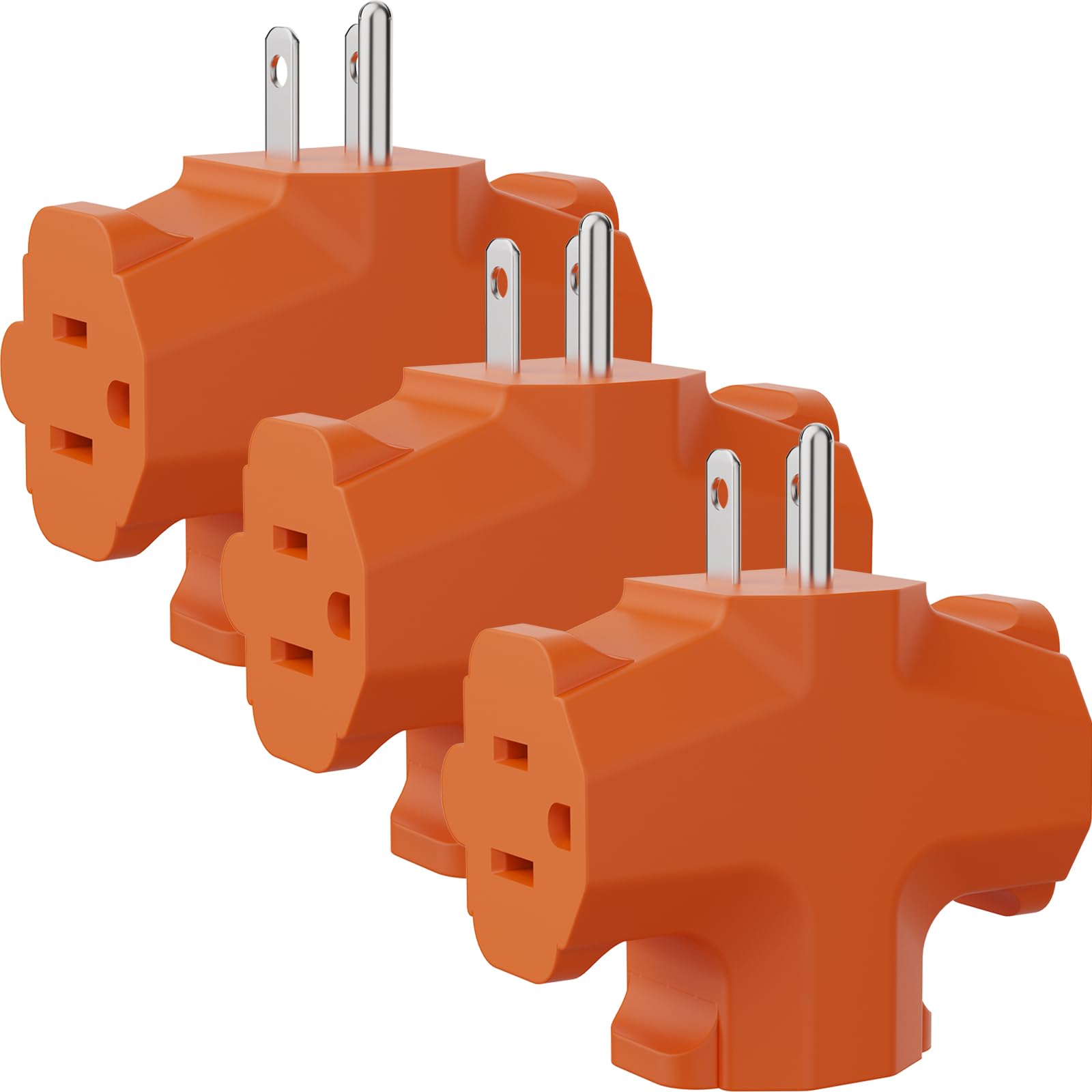 PLUGTUL 3 Way Plug Adapter, 3 Plug Wall Adapter, 3 Prong, Grounded, 15A, 1875W, Multiple Plug Expander for Home, Outdoor, ETL Listed, Orange, 3PACK