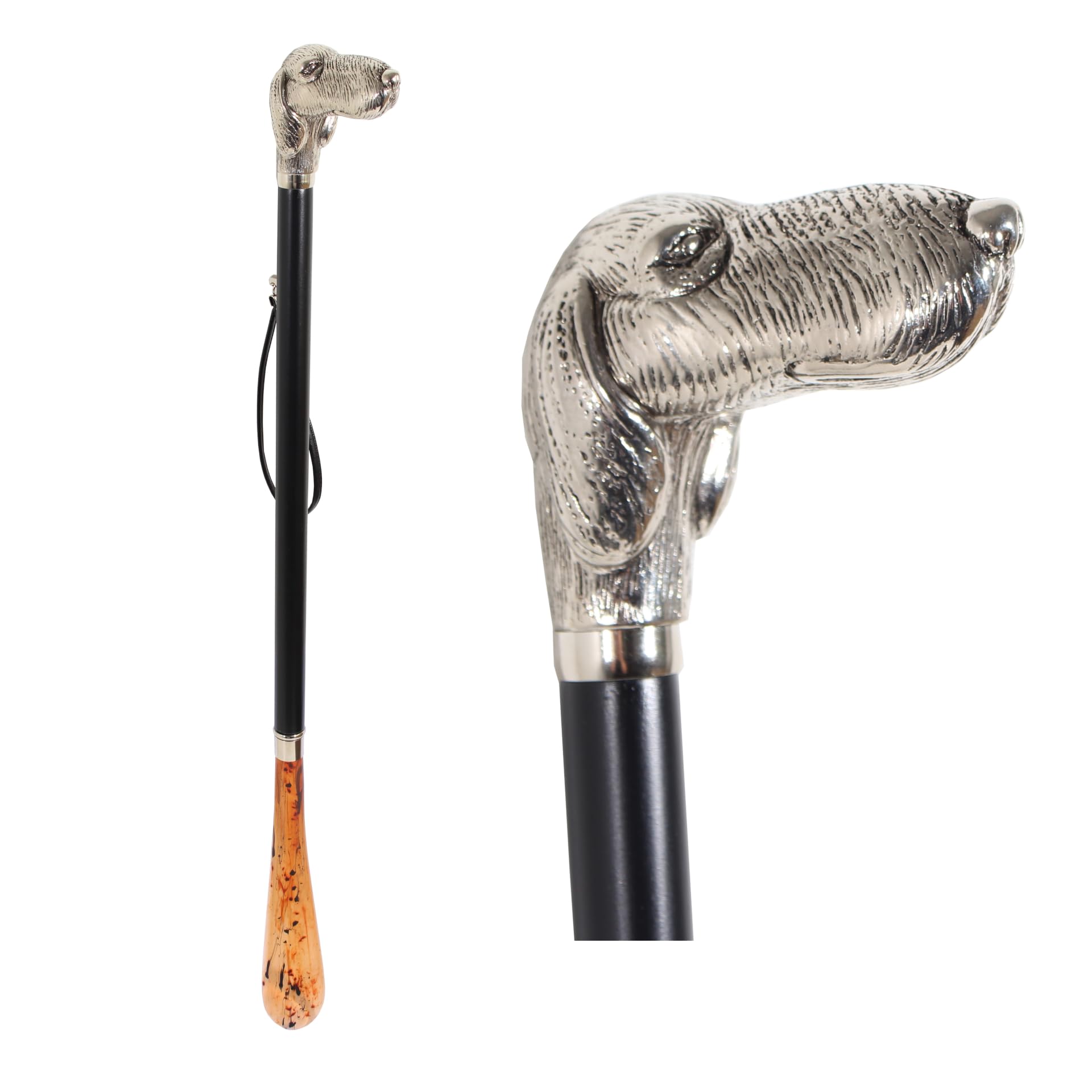 DELFA Design incisione/laser calzascarpe – 70 cm con cane argentato come manico – fusto in legno nero con passante – l'elegante aiuto per indossare