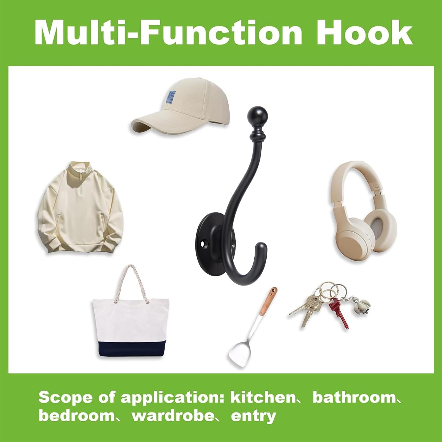 TUNNY Towel Hooks - 5 Pack Matte Black Coat Hook Robe Hooks Decorative Wall Hooks for Bathroom Bedroom Kitchen Towel Robe Clothes Cabinet Closet Hardware
