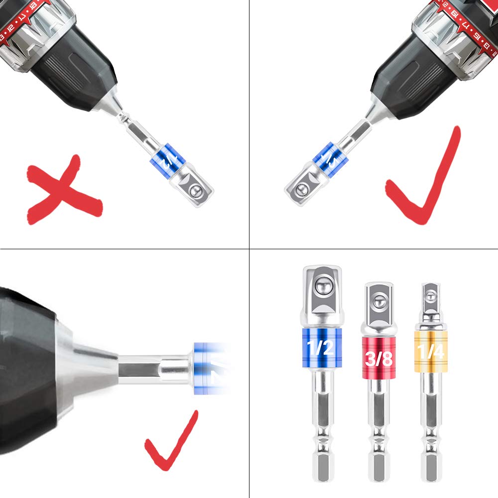 Adapter do gniazd udarowych / zestaw przedłużający – zamienia wiertarkę w nasadkę szybkotnącą, napęd 1/4", 3/8" i 1/2", adapter do wkrętarek udarowych,