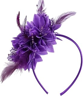 Women's Fascinator Headbands With Flower Pearls - Elegant Tea Party Headband for Weddings, Cocktails, Royal Races - Bridal Veil Hair Accessory for Dresses (Purple, 1 size)