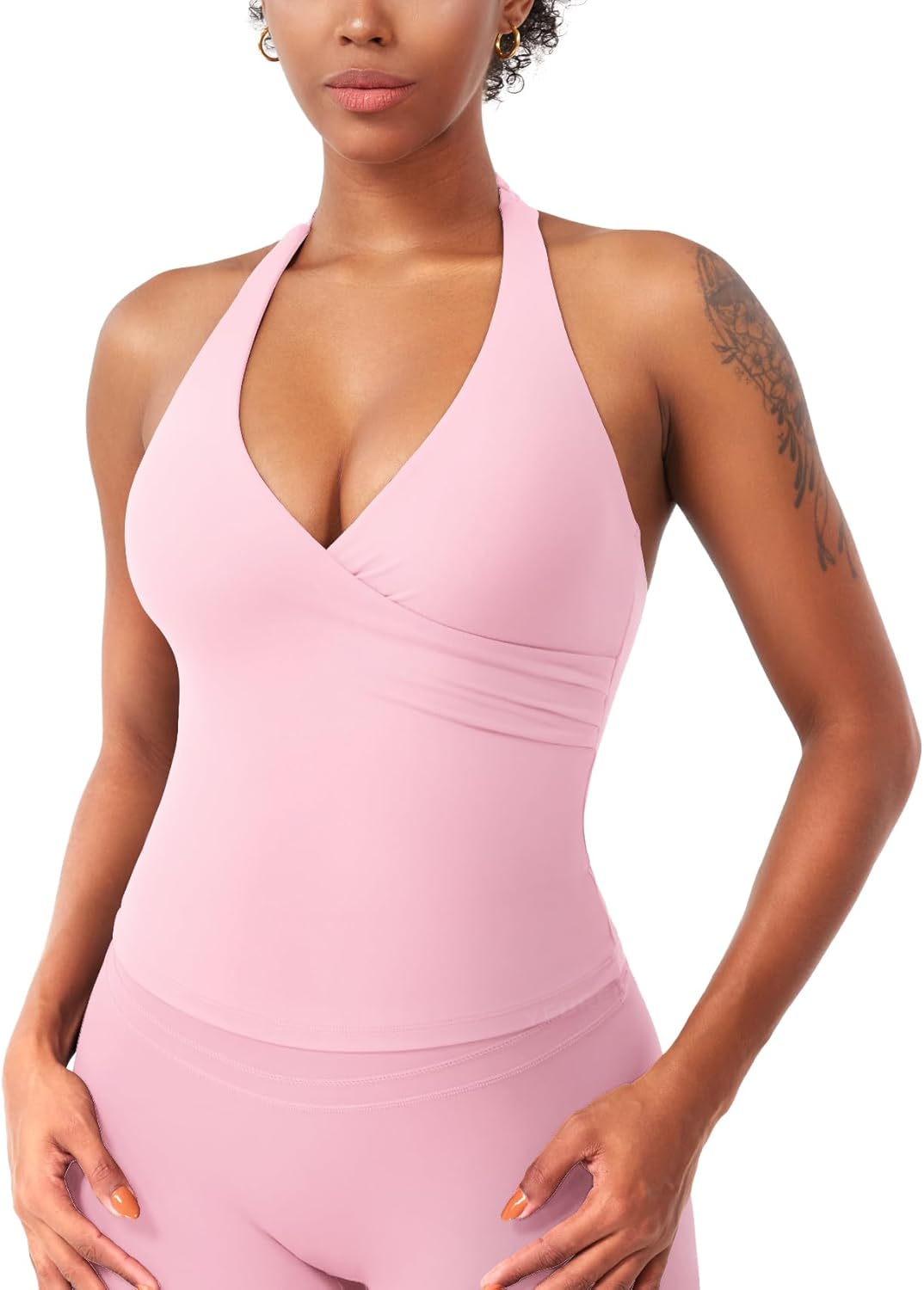 YEOREO Womens Halter Tank Tops Workout Impact Longline Strappy Top Padded Deep V Neck Wrap Gym Backless Bra Camisole