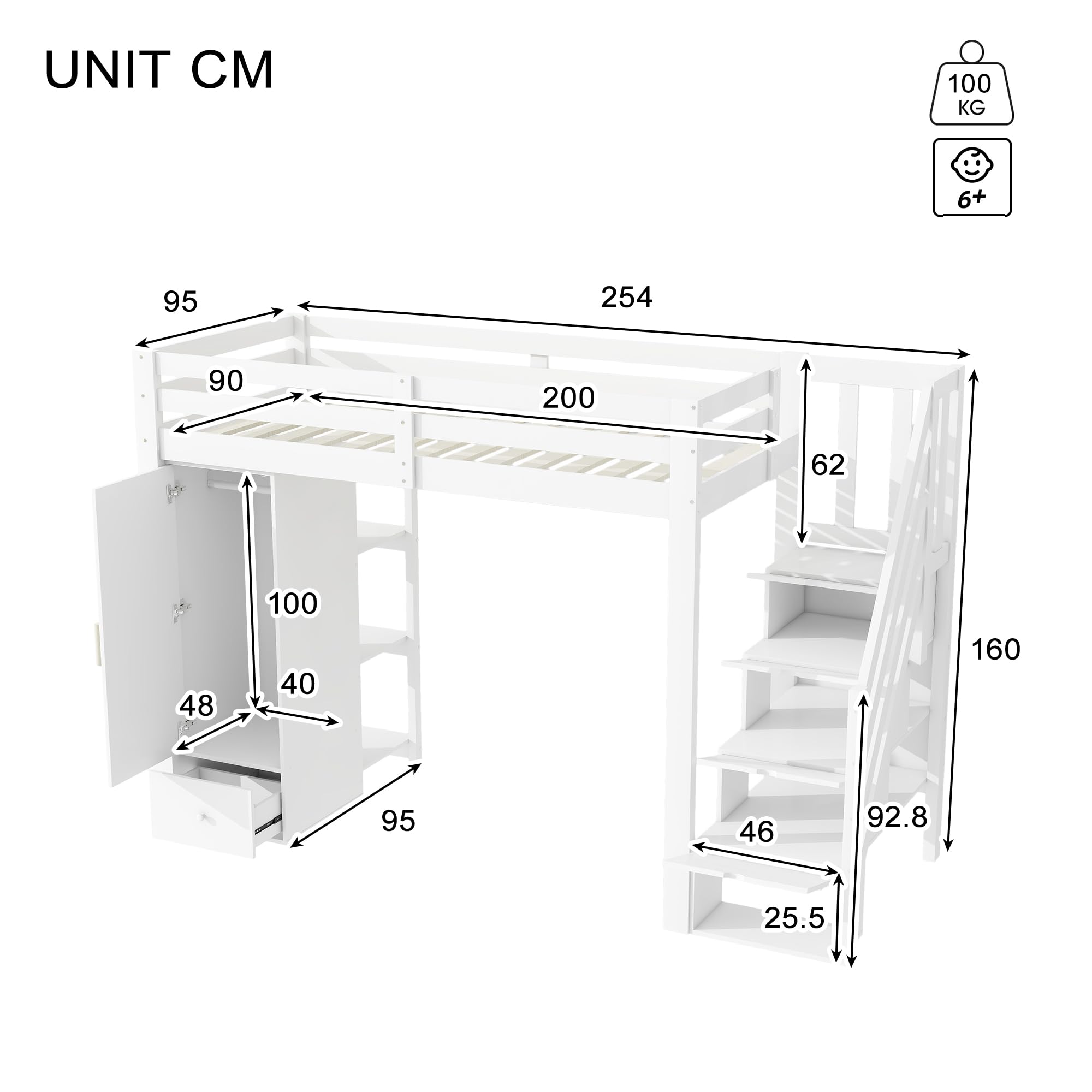 Cama alta para niños, 90 x 200 cm, sin colchón, barandilla individual, escalera plegable, cajones, armario, varios estantes, espacio libre combinable según sea necesario