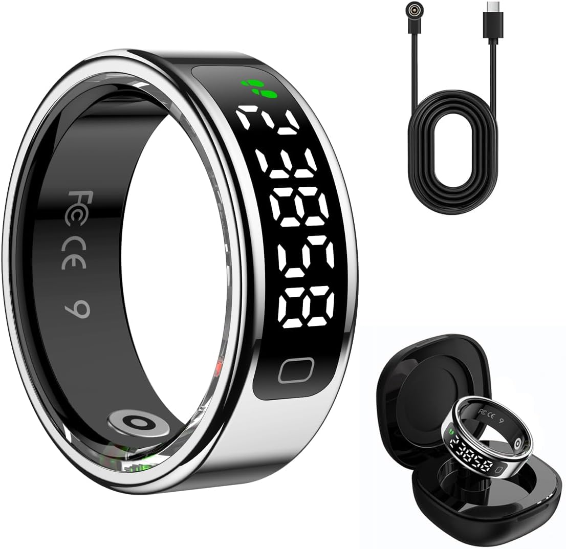 Smart Ring Health Fitness Tracker with Display, Heart Rate/Blood Oxygen/Daily Praise Count/Touch Control/Sedentary Reminder/Skin Temperature Monitoring, No Subscription (Silver, #13)