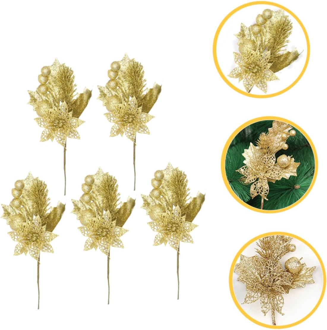 Levemolo 5pcs Christmas Artificial Glitter Leaves for Tree Picks and Wreath Decor Shimmering Floral Stems Chic Holiday Greenery for Home and Party Decoration