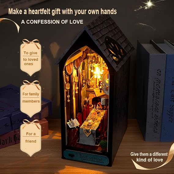 DIY Miniature House Kit, European Style Book Nook Kit, Illusion Mirror Design Miniature Dollhouse Kit, Booknook Bookshelf Desktop Decor Model Building Creativity Gift for Women and Adults