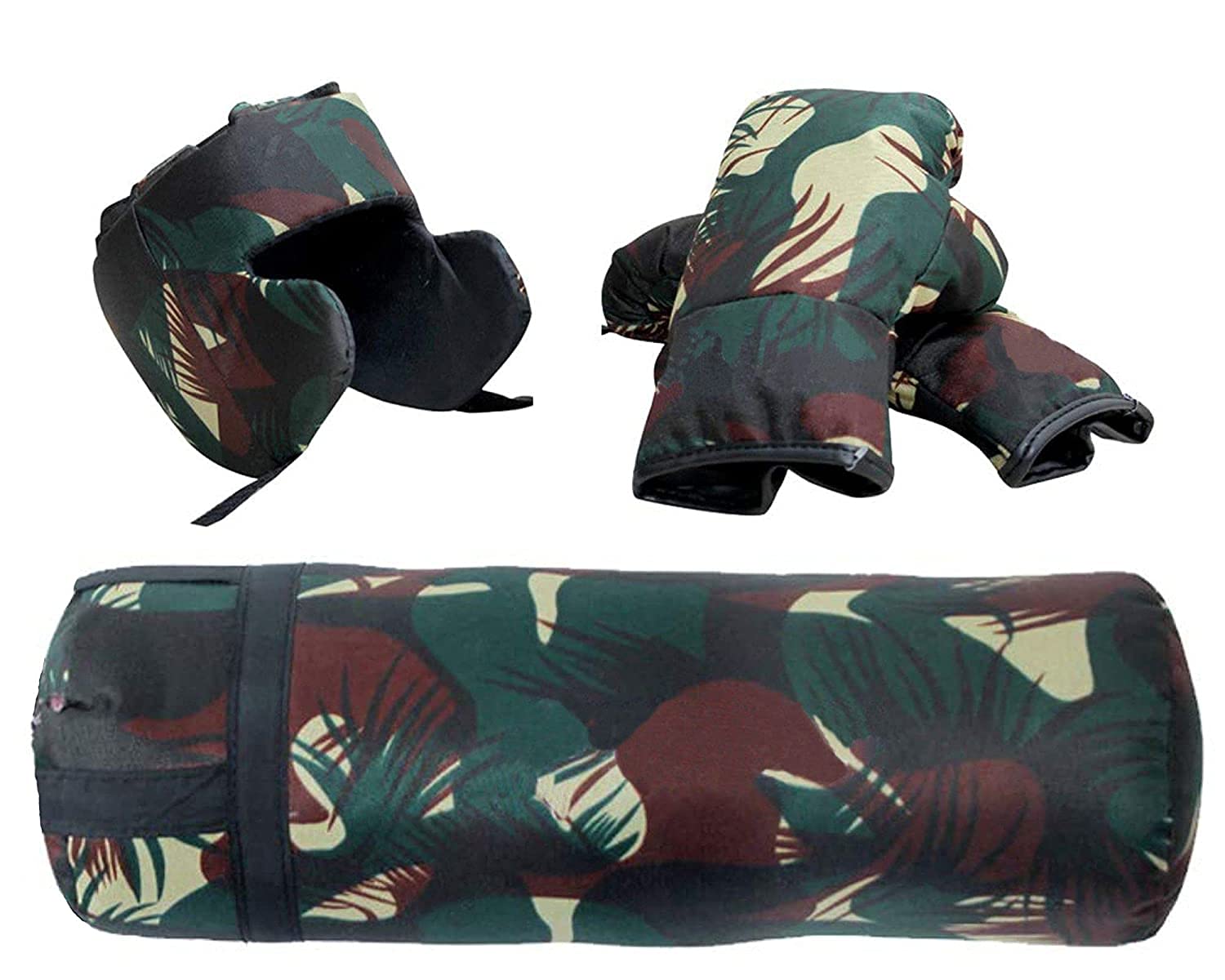 XRON Army Design Boxing Kit Set | 1 Filled Punching Bag, 1 Head Guard, 2 Boxing Gloves | Boxing Training Punching Bag and Gloves for Boys and Girls | 4 to 14 Years Age Group (Set of 4)