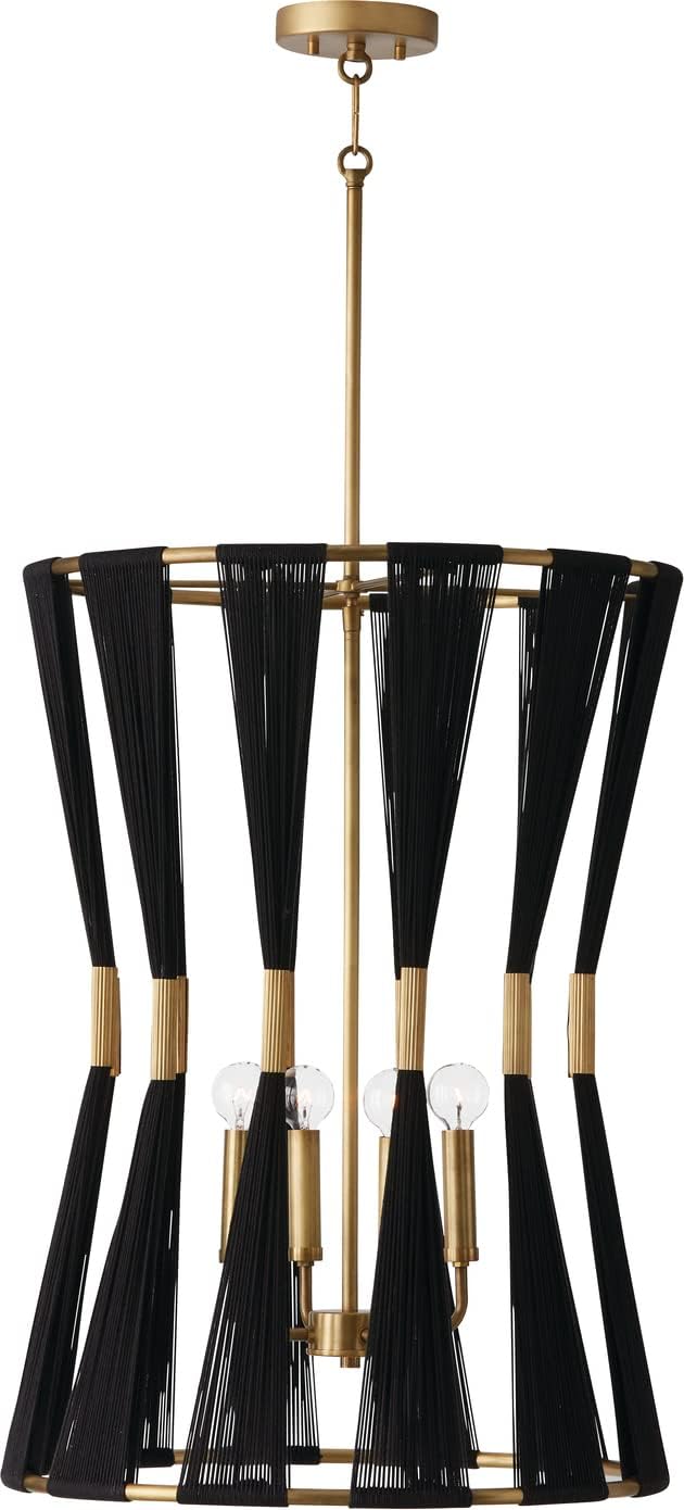 Capital Lighting 541141KP Bianca Modern Luxe Hand-Wrapped Black Rope Foyer Light Fixture, 4-Light 240 Total Watts, 28" H x 20" W, Patinaed Brass