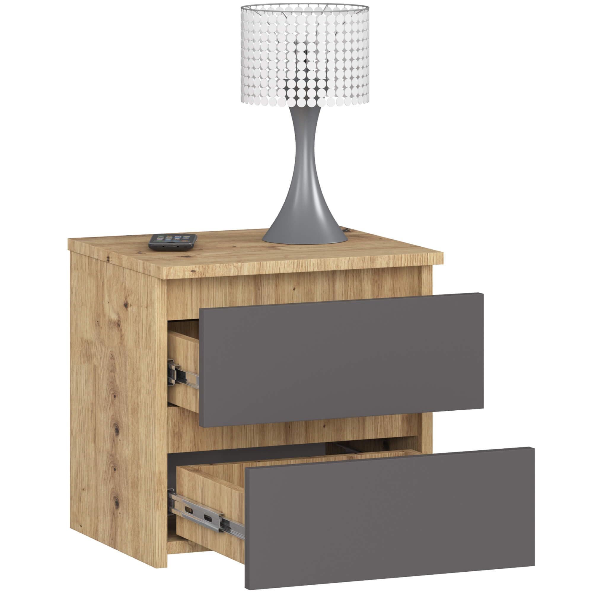 AKORD | Mesita de Noche pequeña con 2 cajones | Armario de Dormitorio | Mueble Multiusos | CajoNero Escritorio | 40 x 40 x 35 cm | Laminado de aglomerado de 16 mm | Roble Artisan