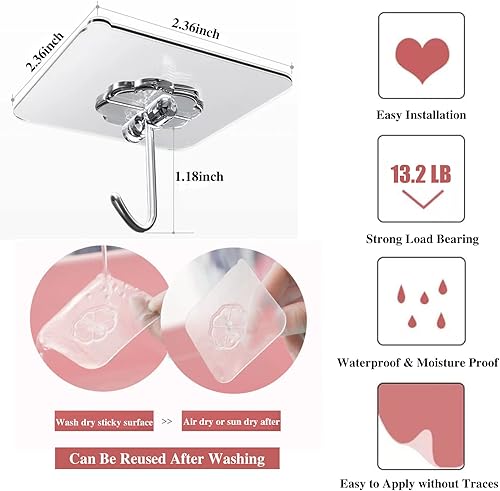 Miniatura 2 de DDMY Ganchos de pared de 33 libras (máx.), ganchos autoadhesivos resistentes, paquete de 50 ganchos adhesivos transparentes e impermeables para