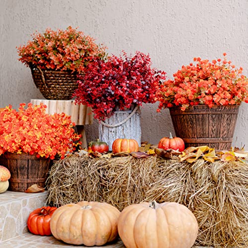 Artificial Plants Outdoor Boxwood Shrubs - 16 Pcs Bundles Fake Plants Uv Resistant No Fade Faux Plastic Greenery Fall Flowers Garden Porch Patio Decoration Thanksgiving (Green Orange) #TOP3