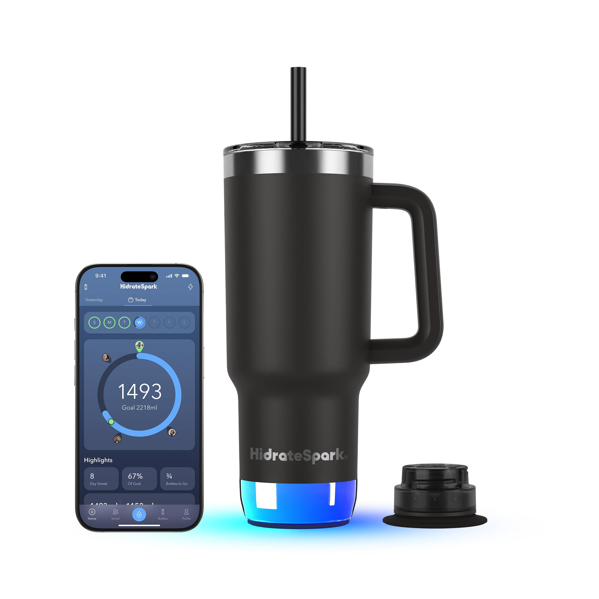 Hidrate Spark PRO 2 – Gobelet Intelligent avec Rappels de Boisson et Suivi D'hydratation, 887ml en Acier Inoxydable – Synchronisation avec Apple Health, Fitbit, Bagues et Montres Connectées - Noir