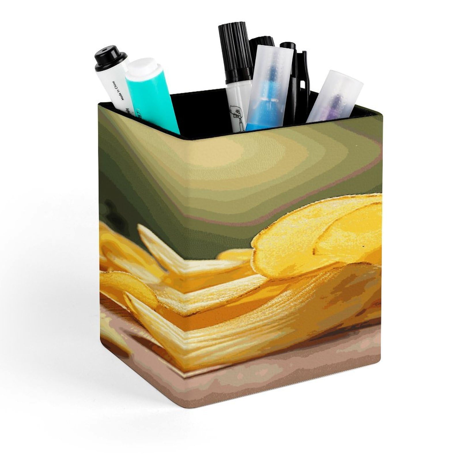 FekiLoot Potato Chips Pen Holder for Desk Minimalist Leather Pencil Holder Fashion Modern Pencil Cup Decorative Square Pen Cup Locker Organizer for Office Work Locker Accessories