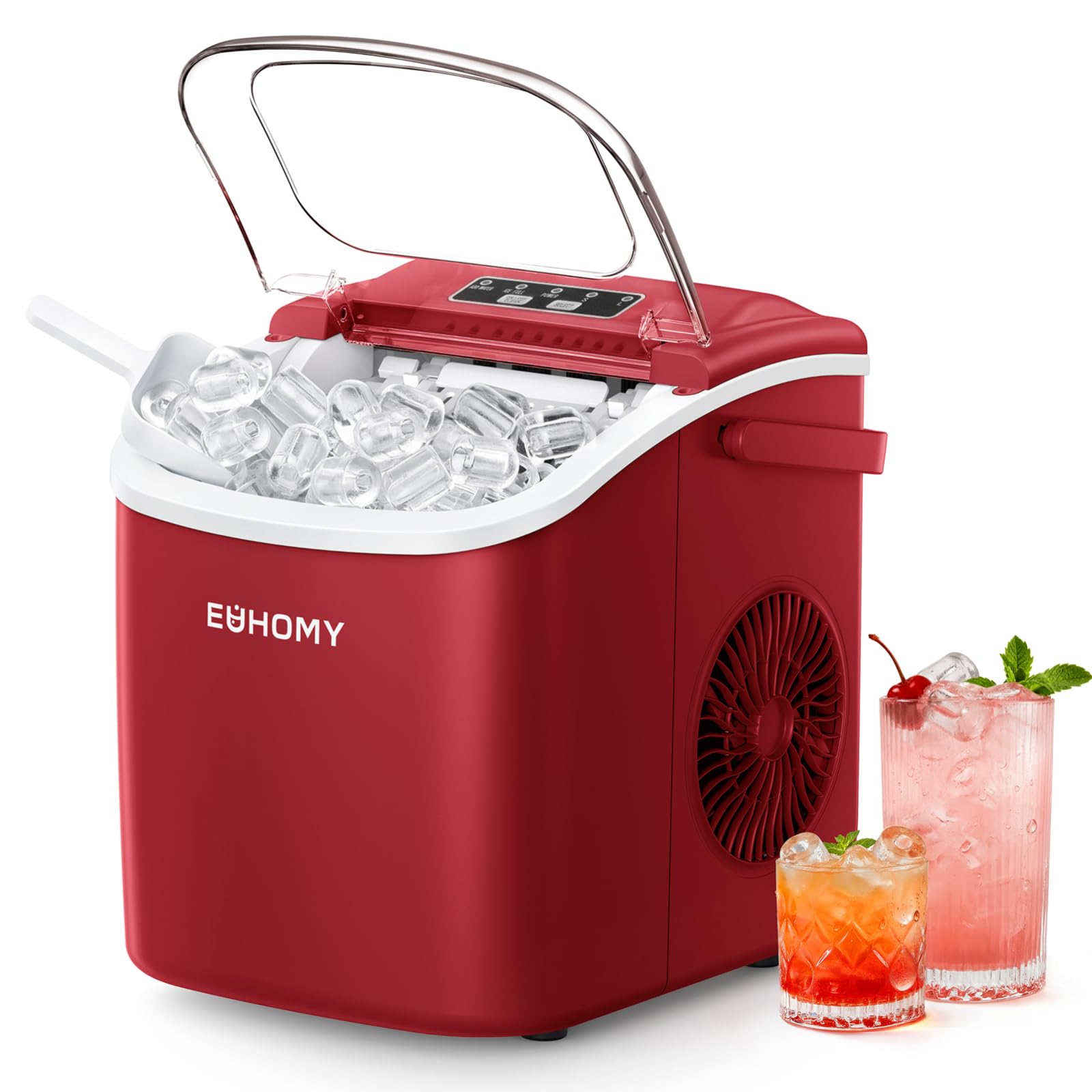 EUHOMY Eiswürfelmaschine Kleine - 9 Eiswürfel in 6 Minuten, Selbstreinigend, Mit Tragegriff und Eiskorb, 12 KG/Tag, Für Küche, Zuhause, Camping, RV, Rot Rot-12KG