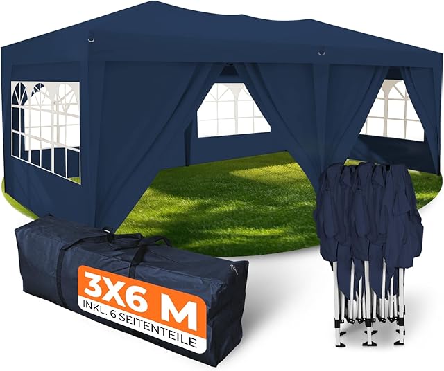 Kronenburg Kronenburg Faltpavillon wasserdicht Pavillon mit 6 Seitenteilen, Gartenzelt, 3x6 m - mit UV Schutz 50+, Blau — Pavillons