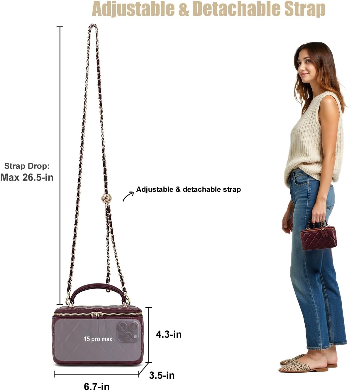 Small Genuine Leather Purse Quilted Crossbody Bag for Women, Mini Top-Handle Shoulder Handbag w/Gold Chain Strap - Image 6