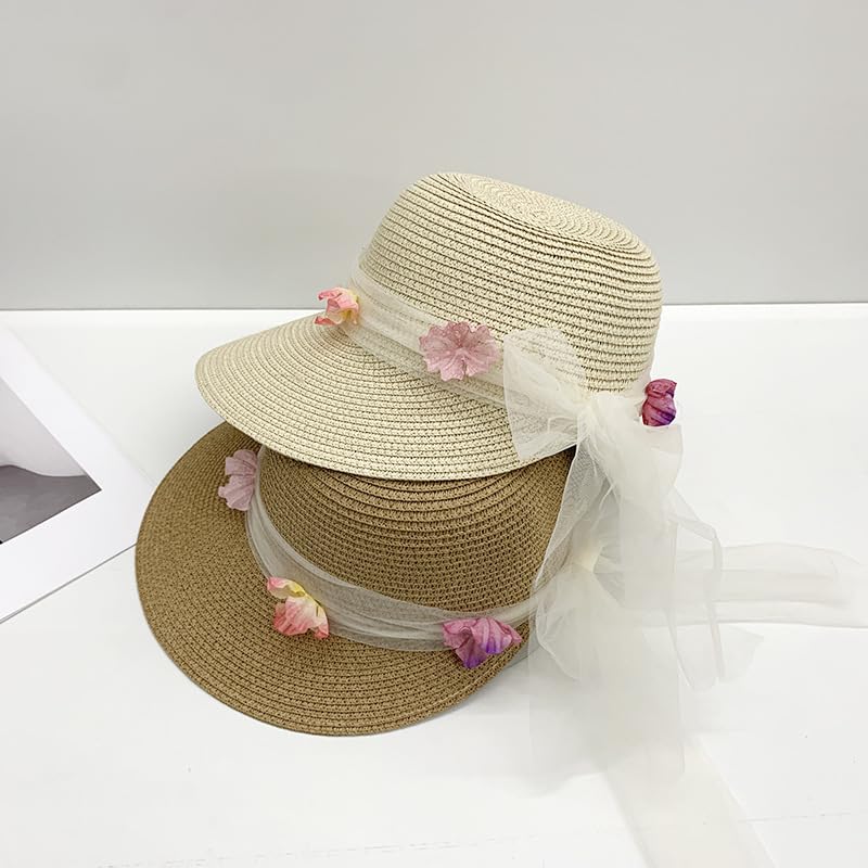 Sombrero de Verano para Mujer,con Protección UV,ala Ancha de Paja y Lazo de Tul Floral,Transpirable,para Playa,para Exteriores,Vacaciones y Viajes