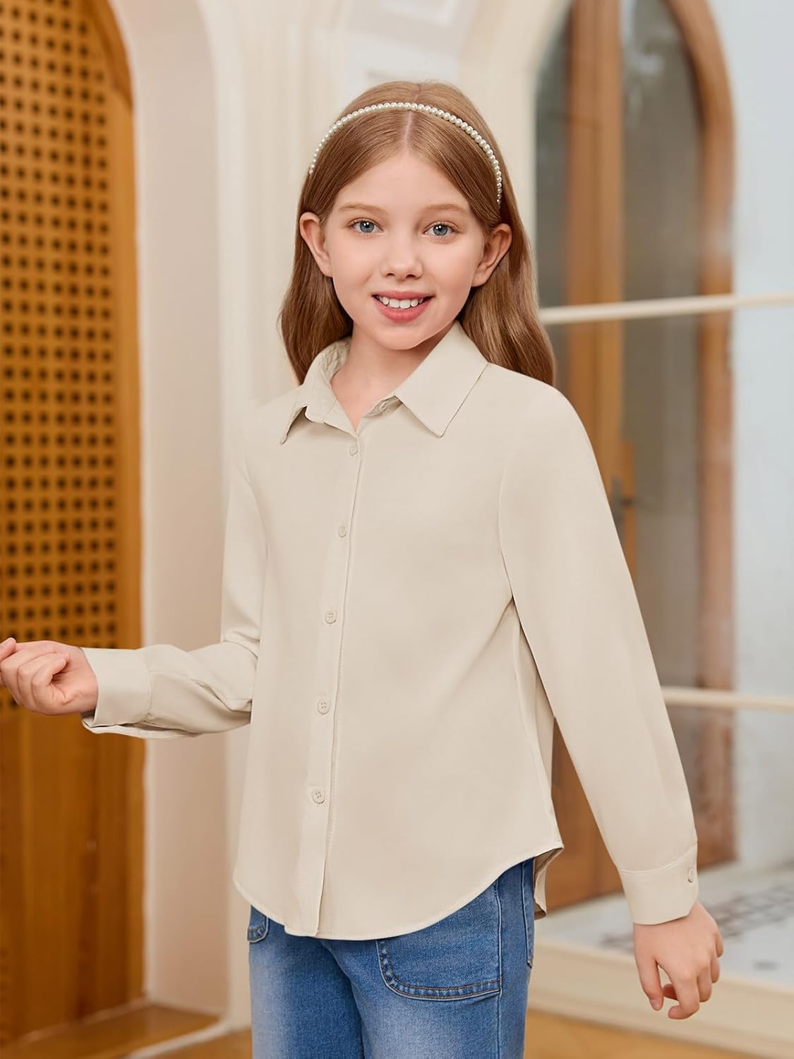 Haloumoning Girls Button Down Shirts Kids Long Sleeve Dress Shirts School Uniform Blouse 5-14 Years - Image 3