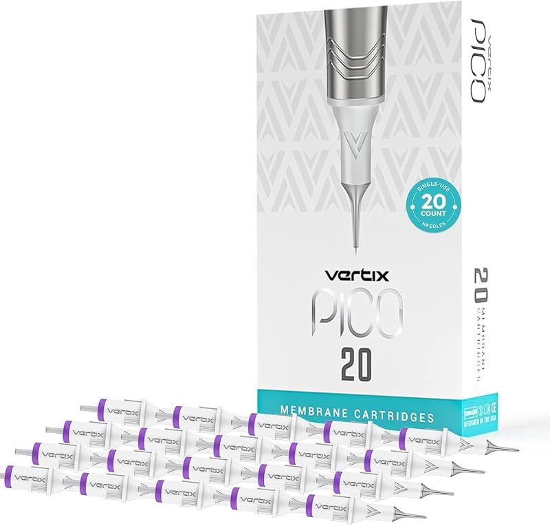 Agulhas para cartucho Vertix Pico Membrane 1 Round Liner 0,33 mm Long Taper, pacote com 20