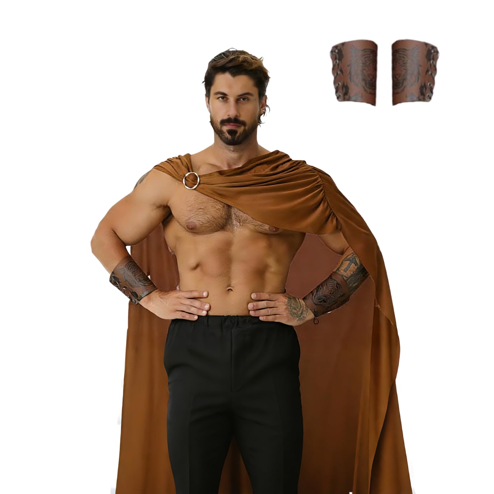 maxToonrain Men's Spartan Warrior Costume with 2 Pcs Wristbands Greek Roman Gladiator Soldier Cloak Historic Fancy Dress for Halloween Christmas Larp World Book Day (Brown, 118CM)