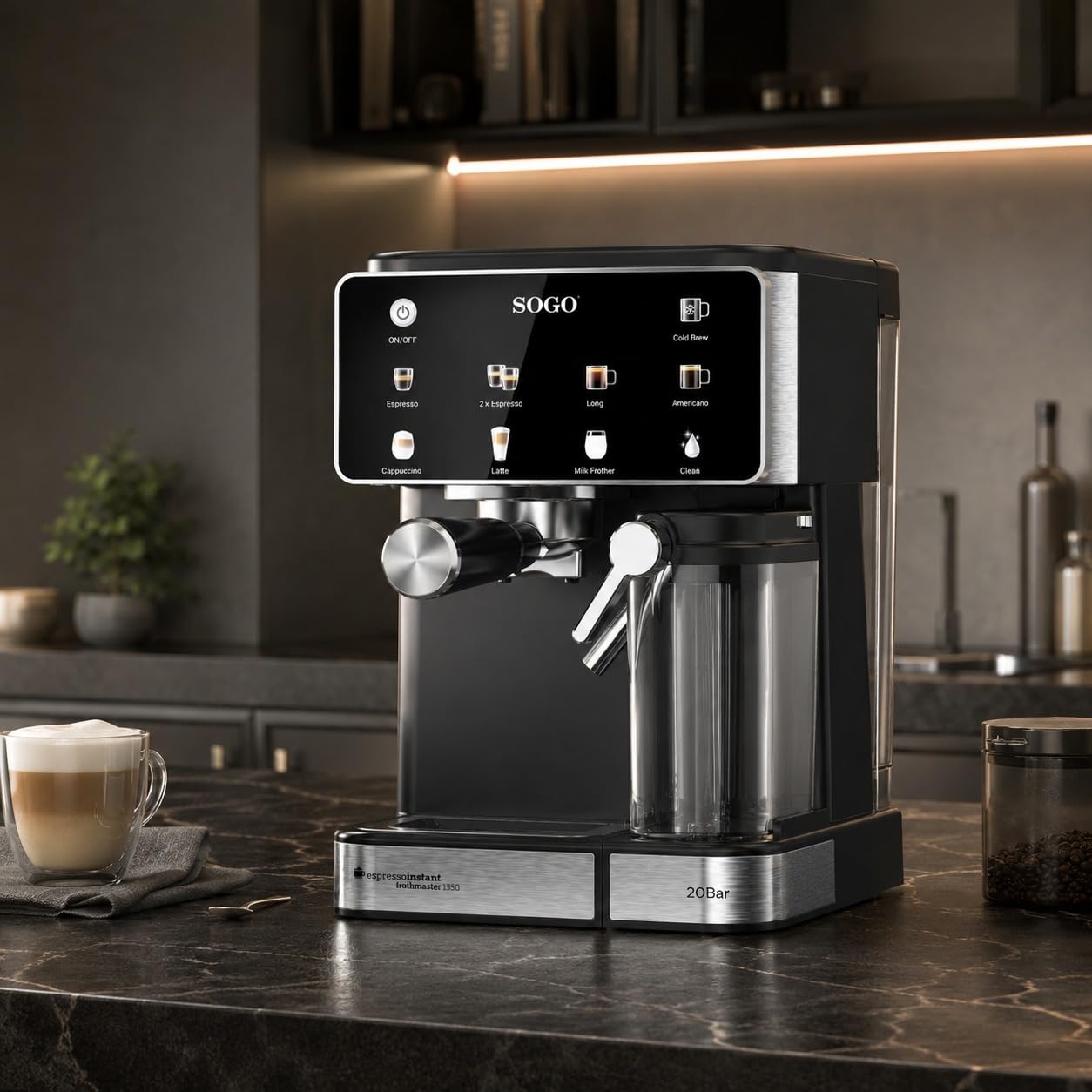 SOGO Cafetera Espresso 4 en 1 con Espumador de Leche y Panel Táctil – 20 Bar, Compatible Nespresso® y Café Molido, Depósito 1.5 L, 1350 W, Negro