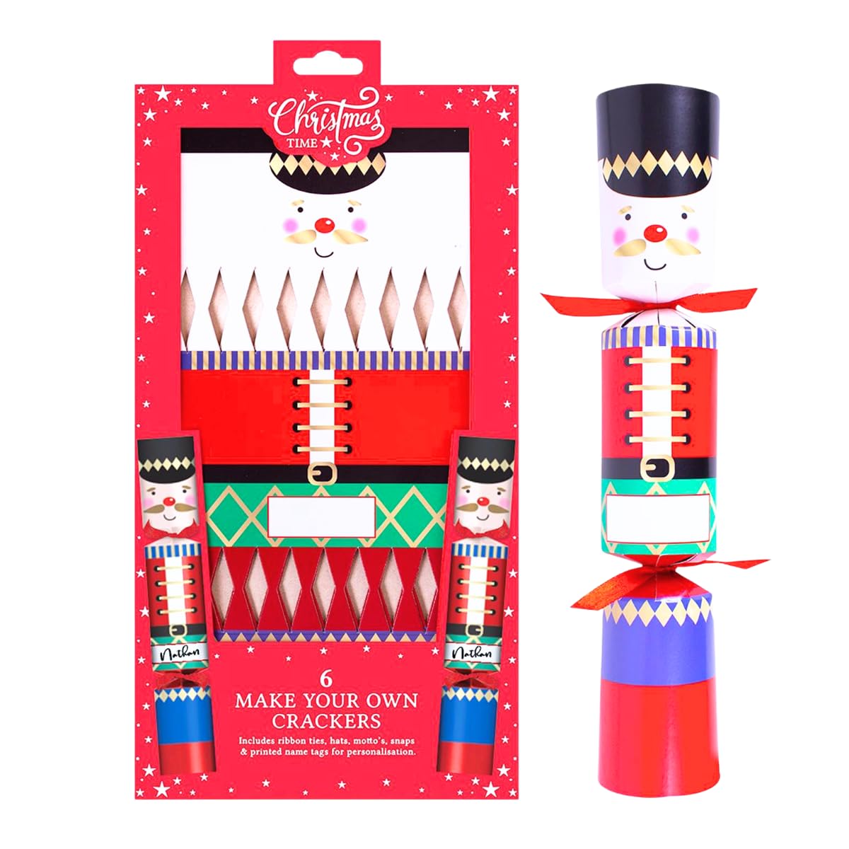 YöL Make Your Own Nutcracker Christmas Crackers Kit – DIY Personalised Crackers with Ribbons, Hats, Mottos, Snaps & Name Tags – Fun Family Craft Activity – Pack of 6 – 36.5 cm Paper Crackers