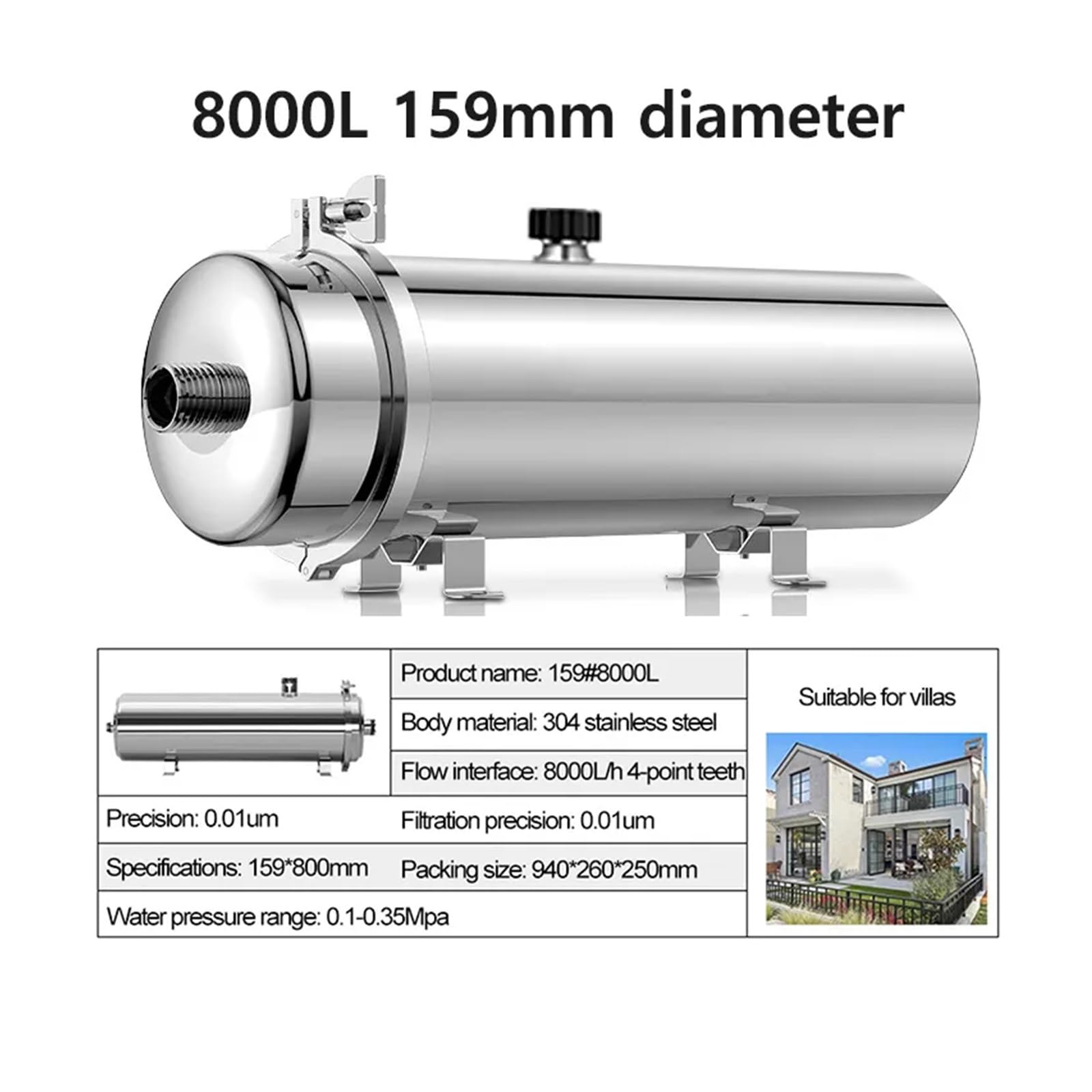 Osmoseanlage Trinkwasser, 8000L/H Kommerzielles Wasserfiltersystem 304 Edelstahl PVDF Ultrafiltrationsreiniger, Home Kitchen Drink Straight UF-Filter,Wasserfilter(8000L)