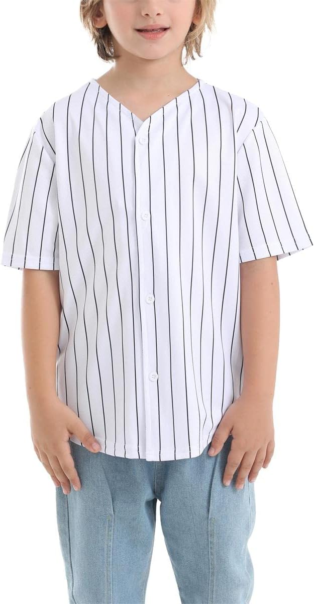 Mowbeat Boys Baseball Jersey Stripe Kids Girls Hip Hop T Shirts Short Sleeve Button Down Sport Jersey Shirt