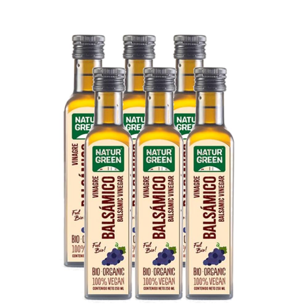 NaturGreen - Vinagre Balsámico Bio, Pack 6 x 250 ml, Ecológico, Sin Gluten, Sin Azúcares Añadidos, Vegano, Sabor Intenso, Ideal para Ensaladas, Marinados o Reducciones