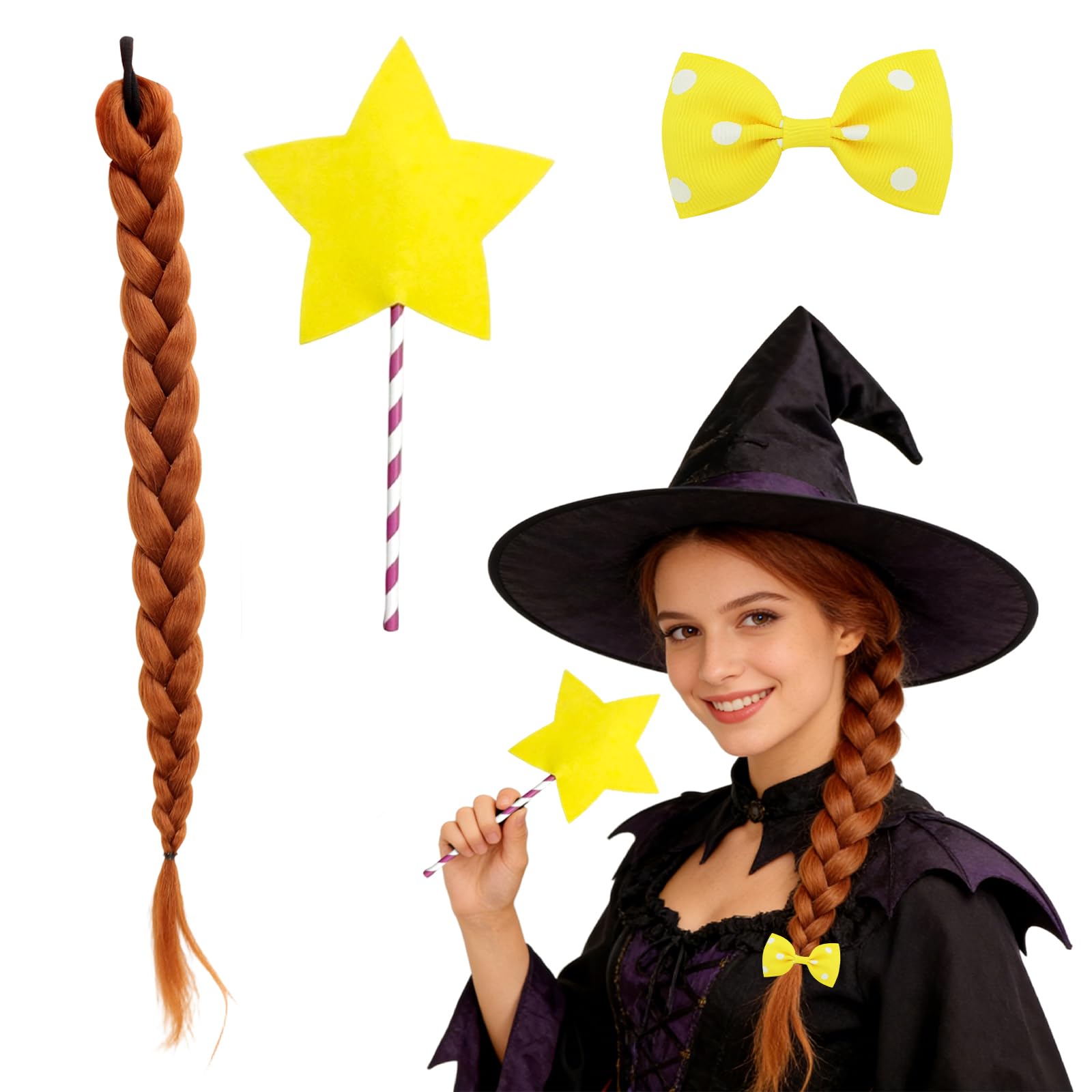 GXAHSOL 3 Pcs Witch Costume Accessories Set, Light Brown Braided Wig with Yellow Bow and Big Star Magic Wand, Girls Dress Up Props for World Book Day, Halloween Party