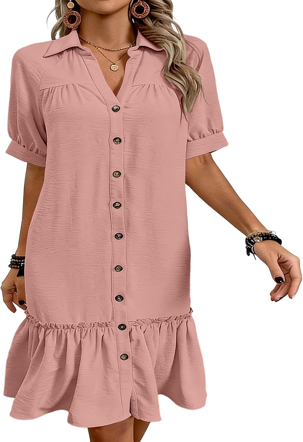 Women's Casual Shirt Dress Button Down Ruffle Sleeve Mini Summer Dresses Cute Solid Color Babydoll Sundress 2026