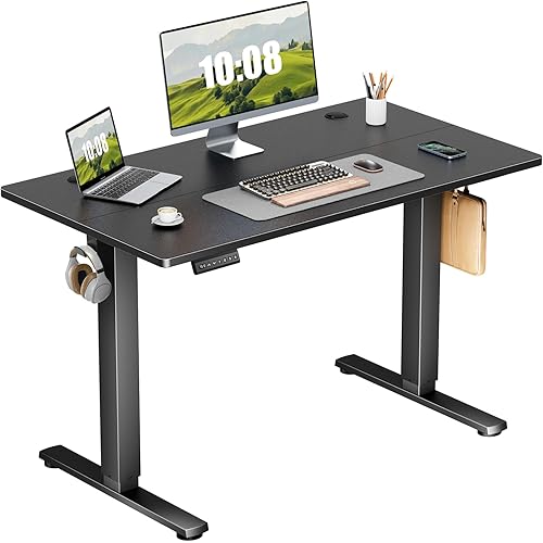 Sweetcrispy Electric Adjustable Height Standing Desk - 40 x 24 inch Sit to Stand Up Desk with Splice Board, Rising Home Office Computer Table with 2 Hook and Wire Hole for Work