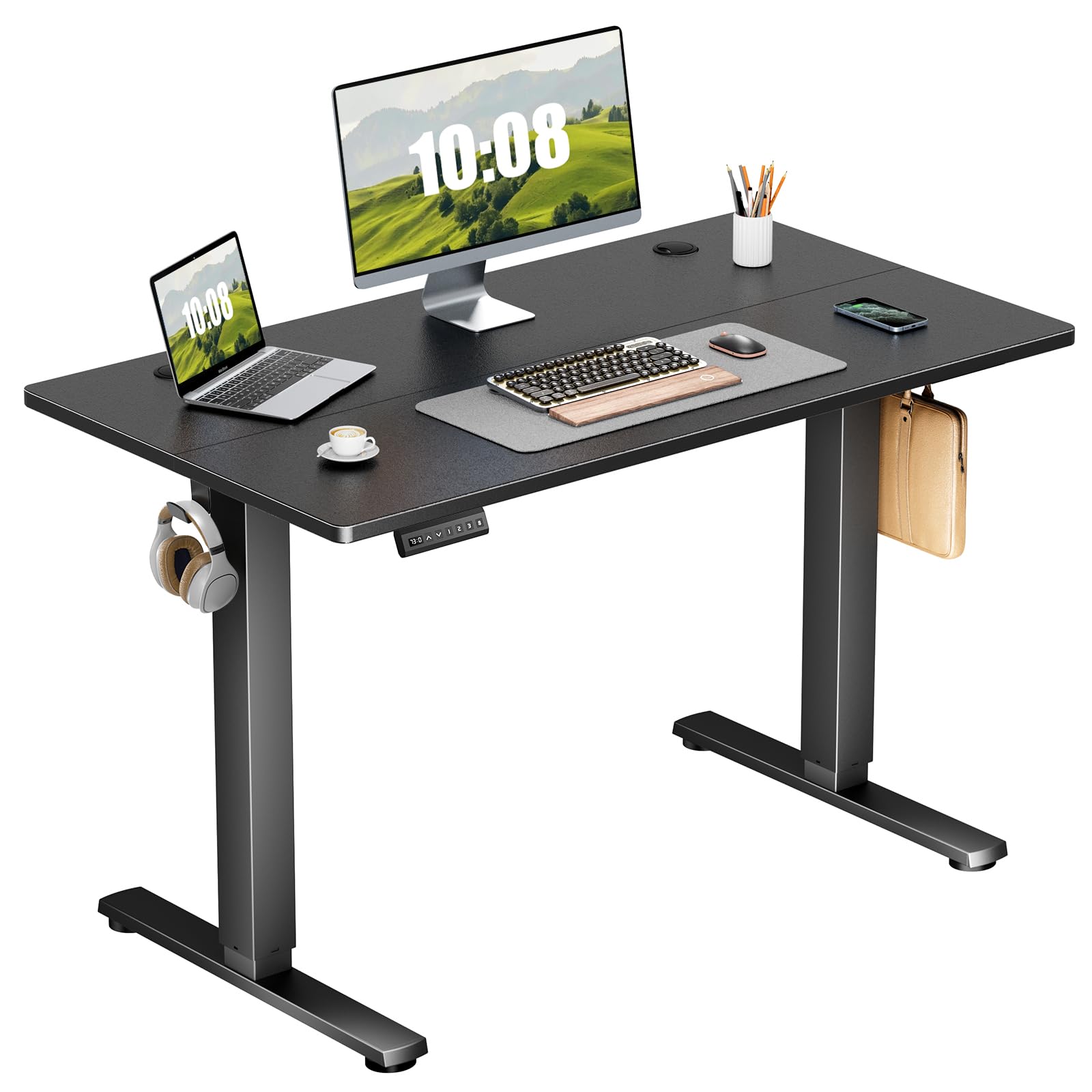 Sweetcrispy Electric Adjustable Height Standing Desk - 40 x 24 inch Sit to Stand Up Desk with Splice Board, Rising Home Office Computer Table with 2 Hook and Wire Hole for Work