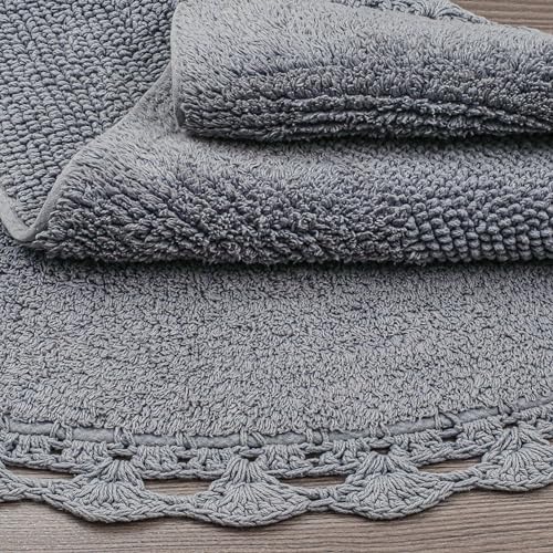 Half Moon Circle Bohemian Bathroom Rug with Handwoven Chrochet Border, Beautifully Handcrafted 100% Cotton Mat - 22x42", Round Boho Bedroom Rug, Boho Bathroom Décor, Machine Washable - Charcoal Grey