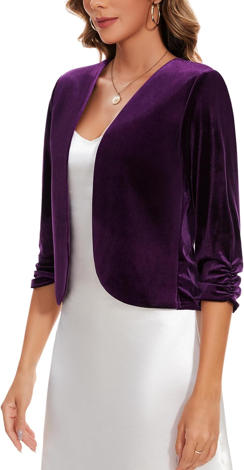 MINTLIMIT Velvet Blazers for Women 3/4 Ruched Sleeve Open Front Casual Work Office Cropped Cardigan Suit Jacket