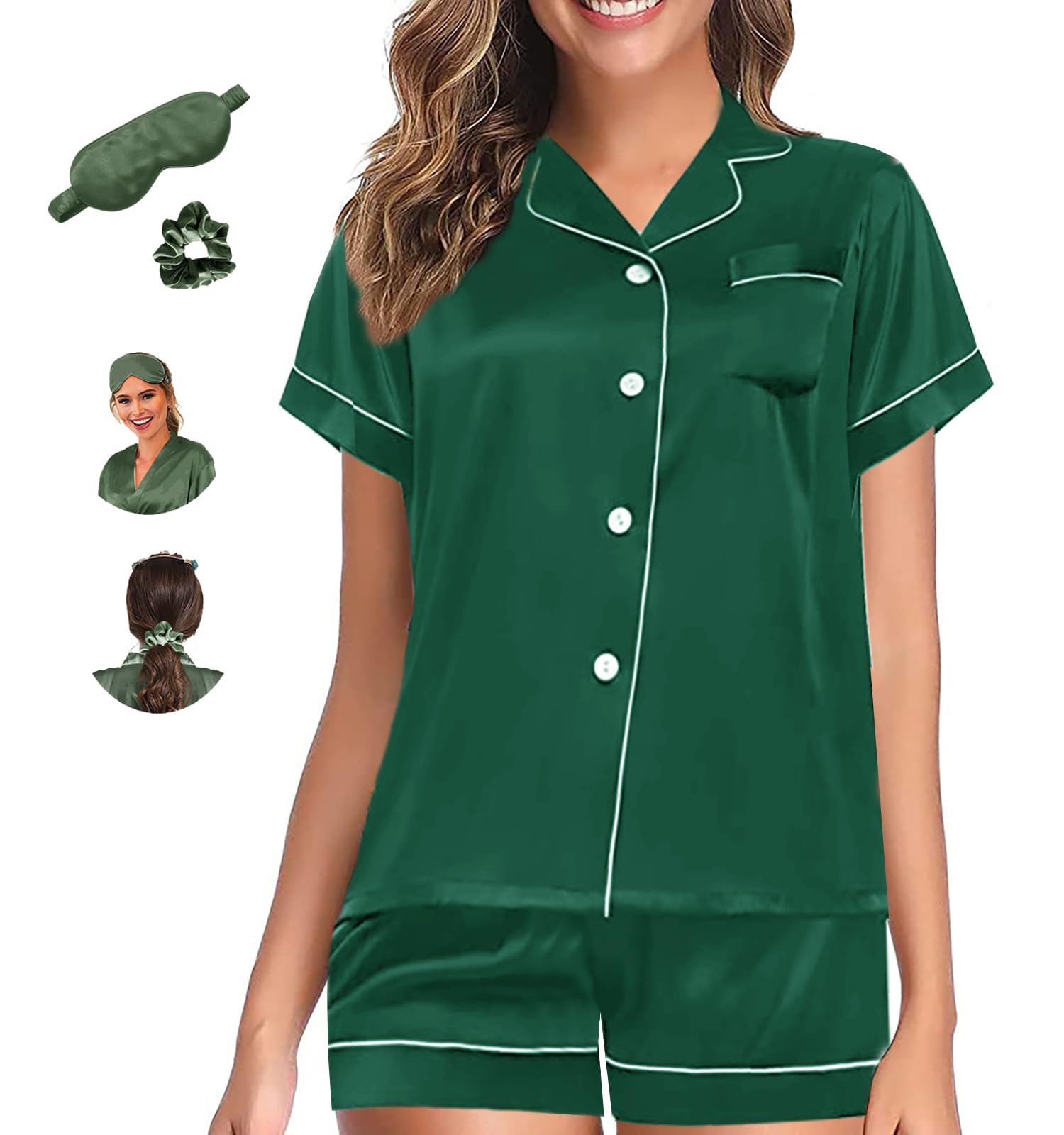 WJing Yi Jia Womens Pajama Sets XS-4XL Silk Satin Pajamas Set Floral 2Pcs Pj Sets Button Down Pjs Set Sleepwear Loungewear