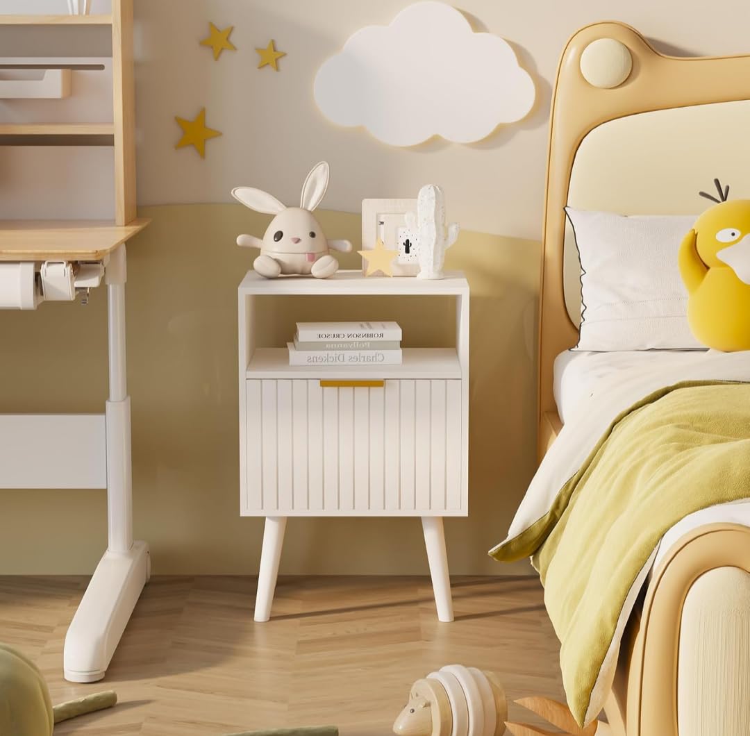 IThree Kids Bedside Table, White, 1 Open Shelf with Drawer, Wooden Legs, Children's Bedroom Nightstand-picture-23