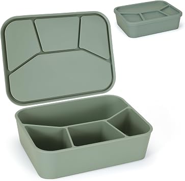 LELE LIFE Leak-proof Silicone Lunch Box Bento Box, Silicone Lunch Container 4 Compartments for Adults, Bento Snack Box, Microwave & Dishwasher Safe, Olive Green