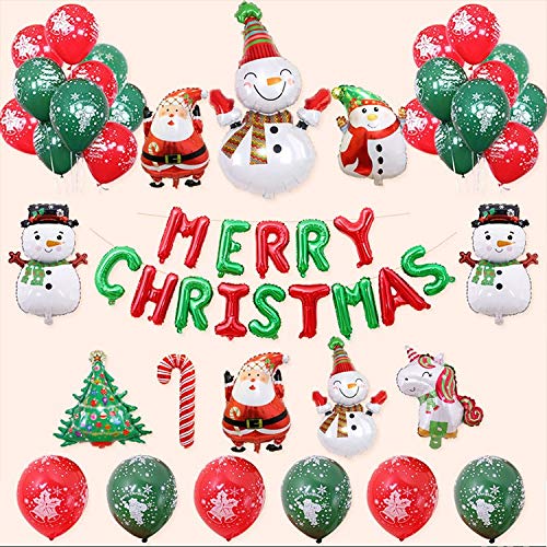 KAHEIGN 50Pcs Christmas Balloon Decoration Kit, Merry Christmas Banner, 10Pcs Santa Claus Snowman Foil Balloon, 26Pcs Green Red Arch Balloons - for Xmas Holiday Christma Party Decor