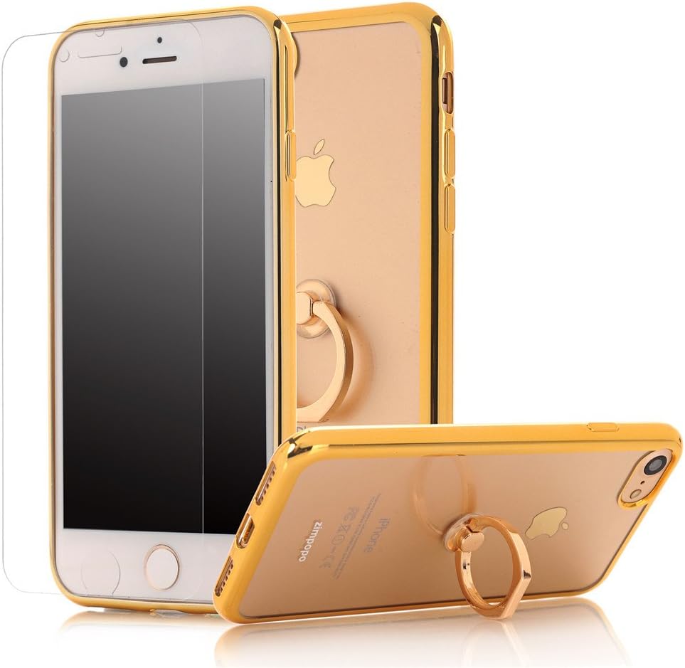 iPhone 7 Case ZIMPOPO Gold Kickstand Case + 3D Touch Compatible Screen Protector Shock-Absorption Bumper 360 Degree Rotating Ring Stand Case Anti-Scratch Clear Back Cover for iphone 7 4.7 inch (Gold)